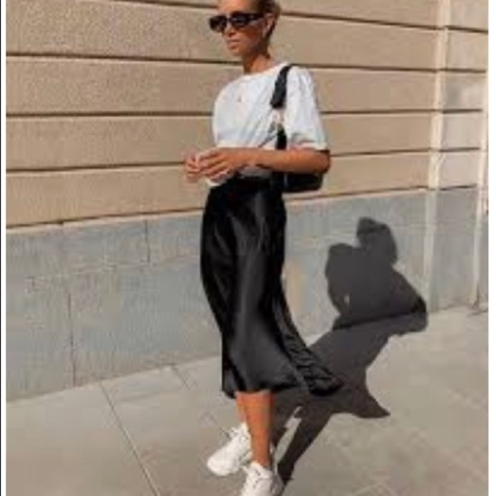 satin midi skirt in black